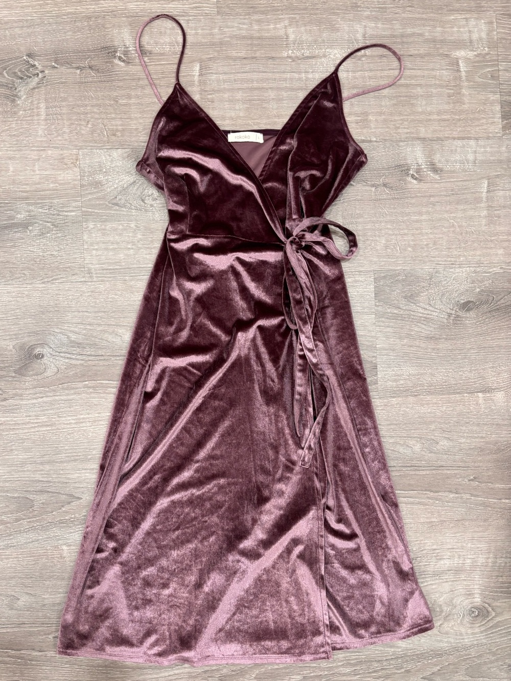 Rokoko Womens Purple Velvet Wrap Midi Dress V-Neck Spaghetti Straps Stretch L